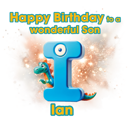 Happy Birthday card with a blue letter 'I'  for Ian and cartoon dinosaur, Can be personalised for name, age and relation
