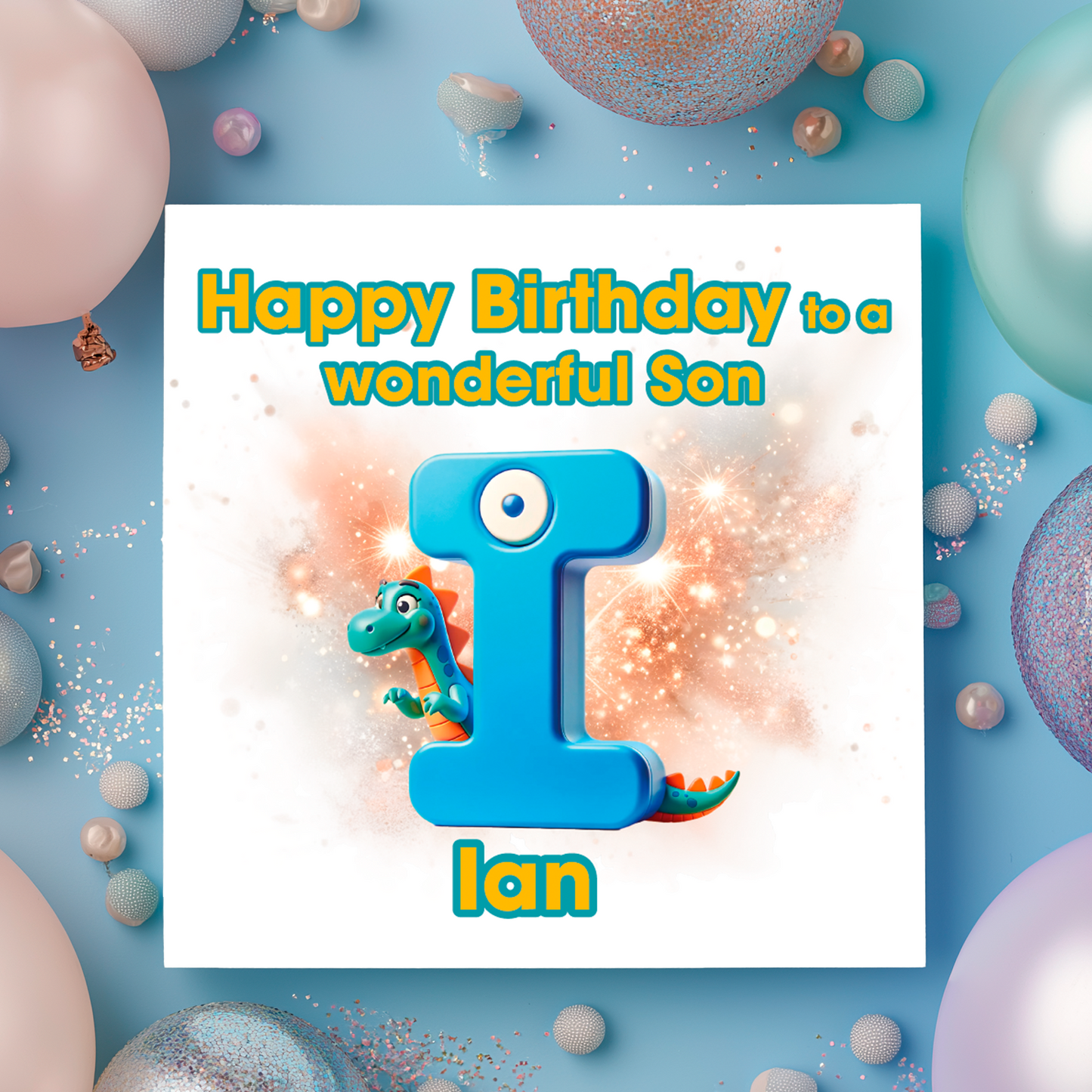Birthday card with a dinosaur and letter I  on a  blue background with colorful balloons. Personalised with name, age and relation
