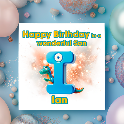 Birthday card with a dinosaur and letter I  on a  blue background with colorful balloons. Personalised with name, age and relation