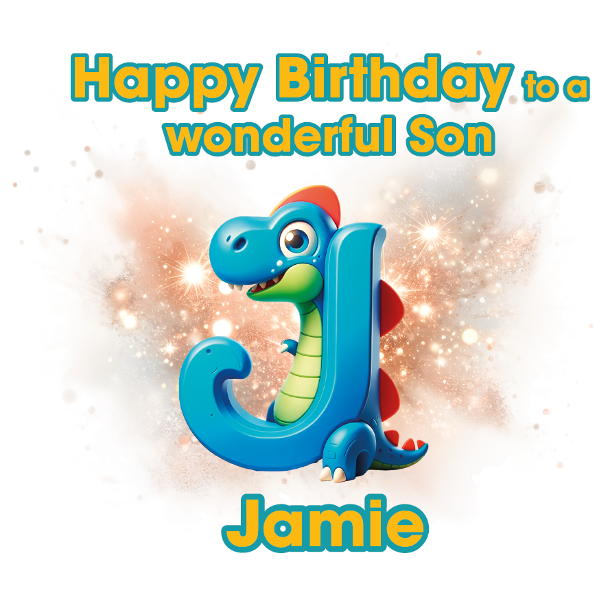 Birthday card with a dinosaur and letter 'J' for Jamie on a light background. Can be personalised for name, age and relation