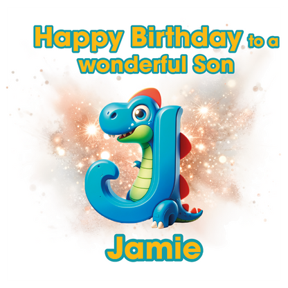 Birthday card with a dinosaur and letter 'J' for Jamie on a light background. Can be personalised for name, age and relation
