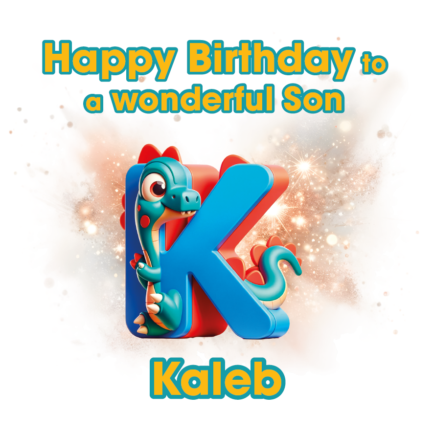 Birthday card with colorful letter 'K' and dinosaur  design, text 'Happy Birthday to a wonderful Son Kaleb'.. Can be personalised for name, age and relation