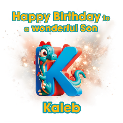 Birthday card with colorful letter 'K' and dinosaur  design, text 'Happy Birthday to a wonderful Son Kaleb'.. Can be personalised for name, age and relation
