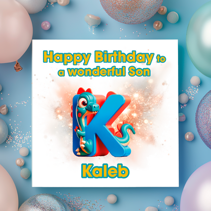Birthday card with a dinosaur and letter K   on a  blue background with colorful balloons. Personalised with name, age and relation