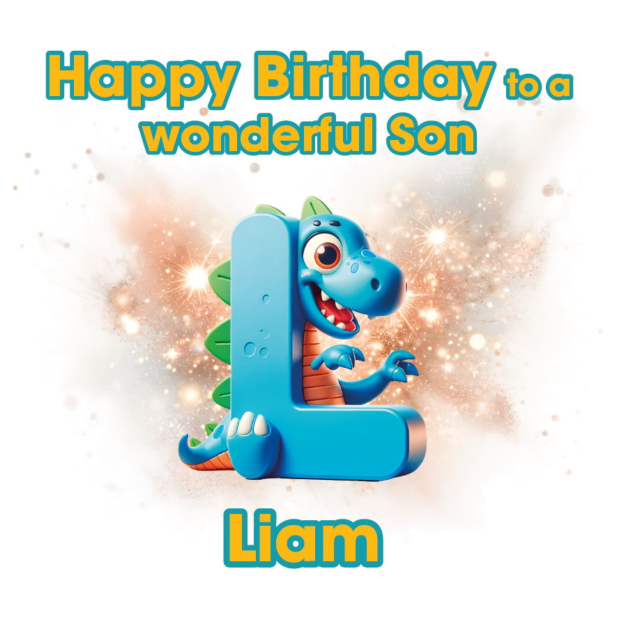 Birthday card with a dinosaur and letter 'L' for Liam on a light background. Can be personalised for name, age and relation