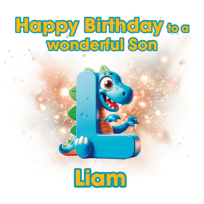 Birthday card with a dinosaur and letter 'L' for Liam on a light background. Can be personalised for name, age and relation