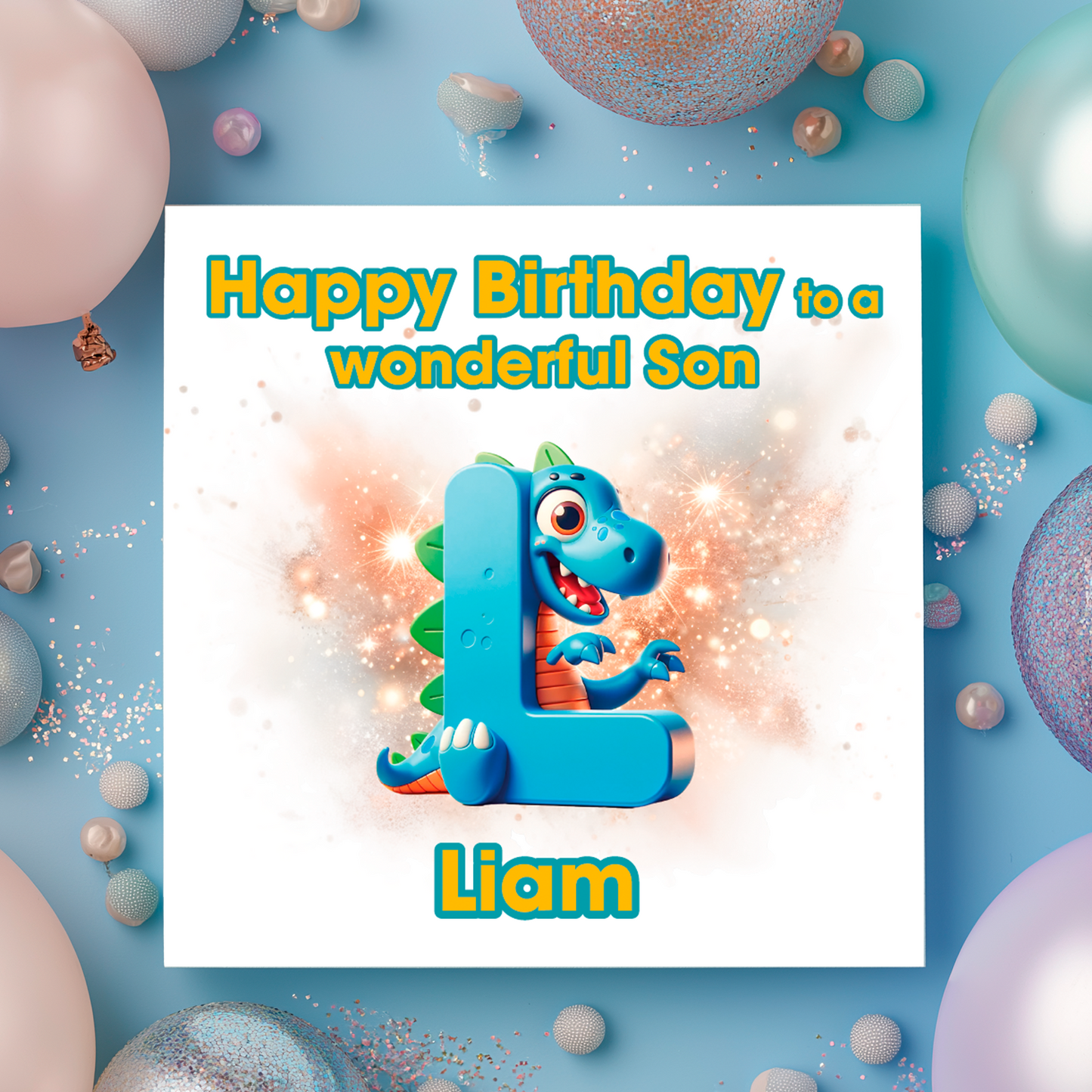 Birthday card with a dinosaur and letter L   on a  blue background with colorful balloons. Personalised with name, age and relation