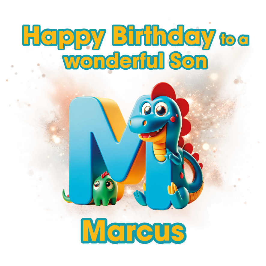 Birthday card with a dinosaur and letter 'M' for Marcus, featuring a happy birthday message. Can be personalised for name, age and relation