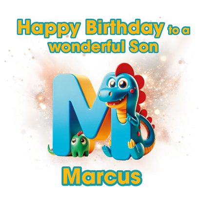 Birthday card with a dinosaur and letter 'M' for Marcus, featuring a happy birthday message. Can be personalised for name, age and relation