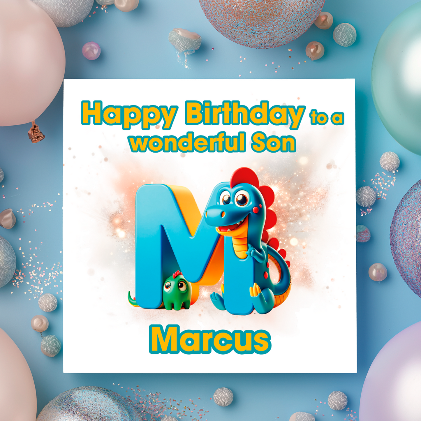 Birthday card with a dinosaur and letter M  on a  blue background with colorful balloons. Personalised with name, age and relation