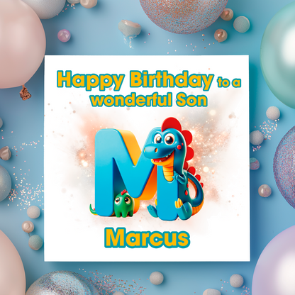 Birthday card with a dinosaur and letter M  on a  blue background with colorful balloons. Personalised with name, age and relation