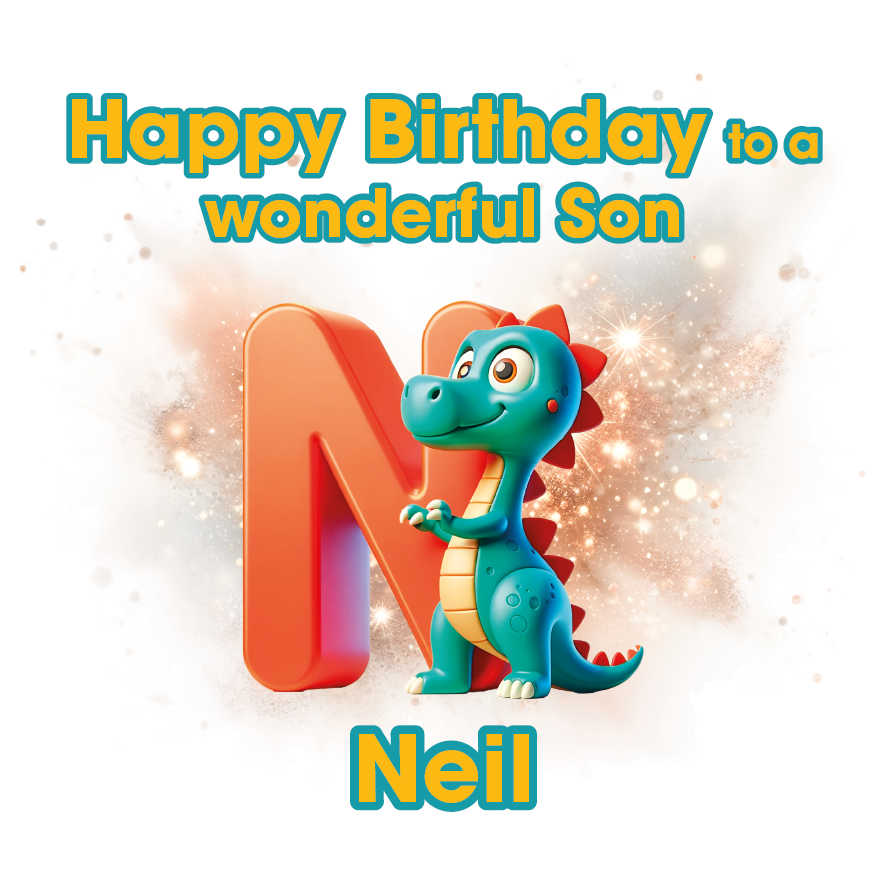Birthday card with a dinosaur character and  letter N for Neil and personalized text on a white background.Can be personalised for name, age and relation