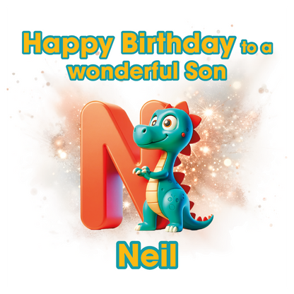 Birthday card with a dinosaur character and  letter N for Neil and personalized text on a white background.Can be personalised for name, age and relation