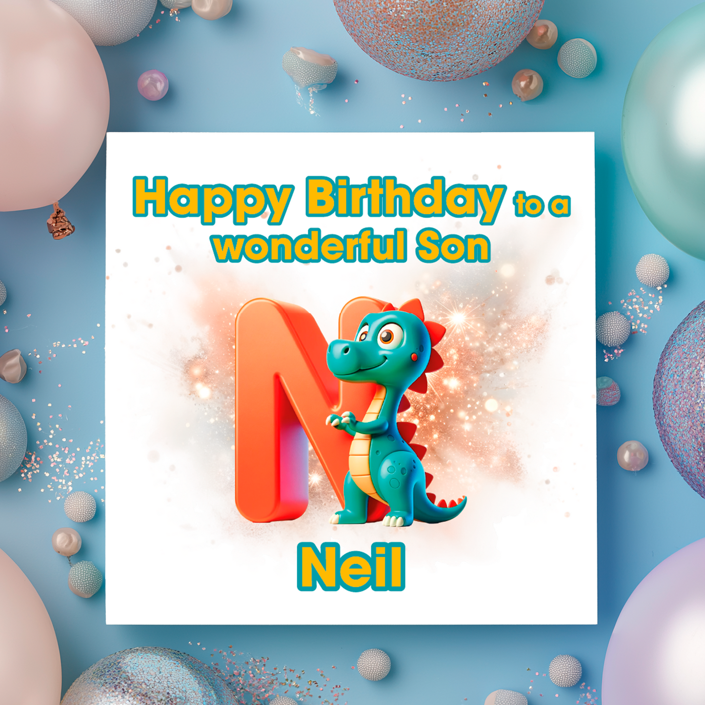 Birthday card with a dinosaur and letter N  on a  blue background with colorful balloons. Personalised with name, age and relation