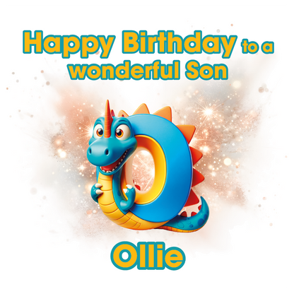 Toy dragon with a letter O and  'Happy Birthday to a wonderful Son' text and 'Ollie' branding on a light background. Can be personalised for name, age and relation