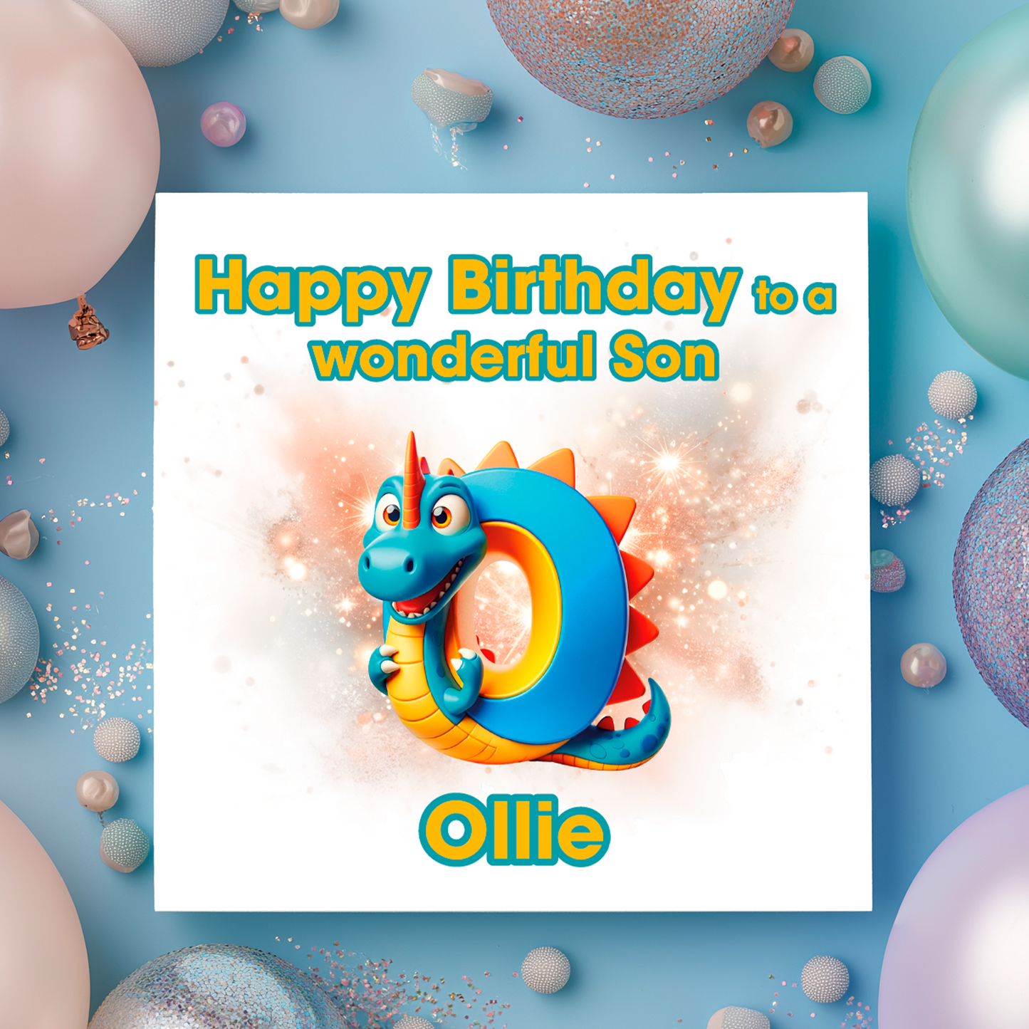 Birthday card with a dinosaur and letter O  on a  blue background with colorful balloons. Personalised with name, age and relation