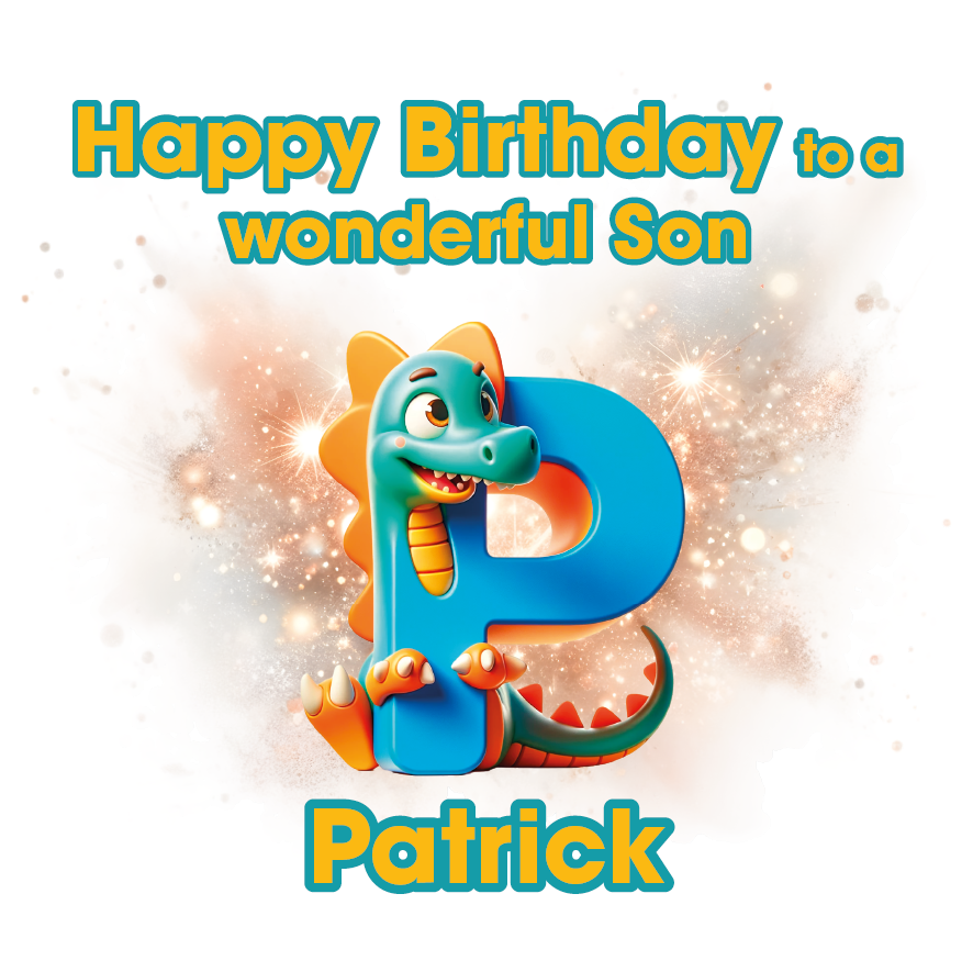 Birthday card with a dinosaur and a letter 'P' for  Patrick' on a light background. Can be personalised for name, age and relation