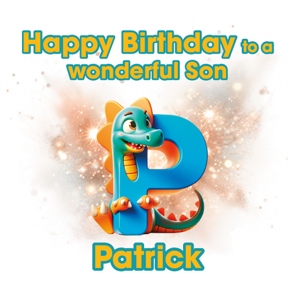 Birthday card with a dinosaur and a letter 'P' for  Patrick' on a light background. Can be personalised for name, age and relation