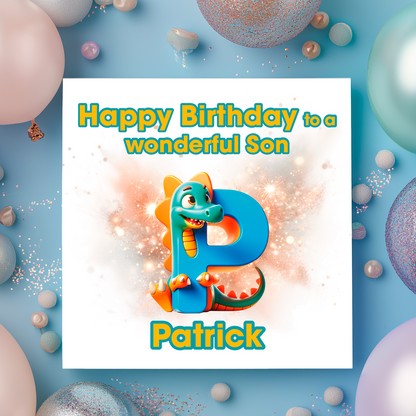 Birthday card with a dinosaur and letter P  on a  blue background with colorful balloons. Personalised with name, age and relation