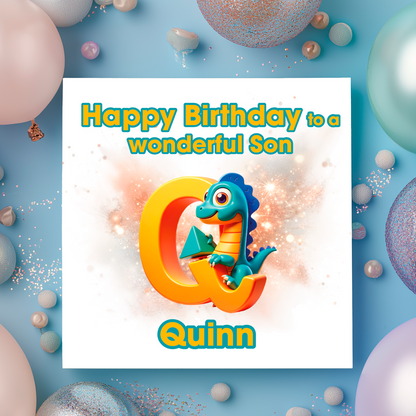 Birthday card with a dinosaur and letter Q   on a  blue background with colorful balloons. Personalised with name, age and relation