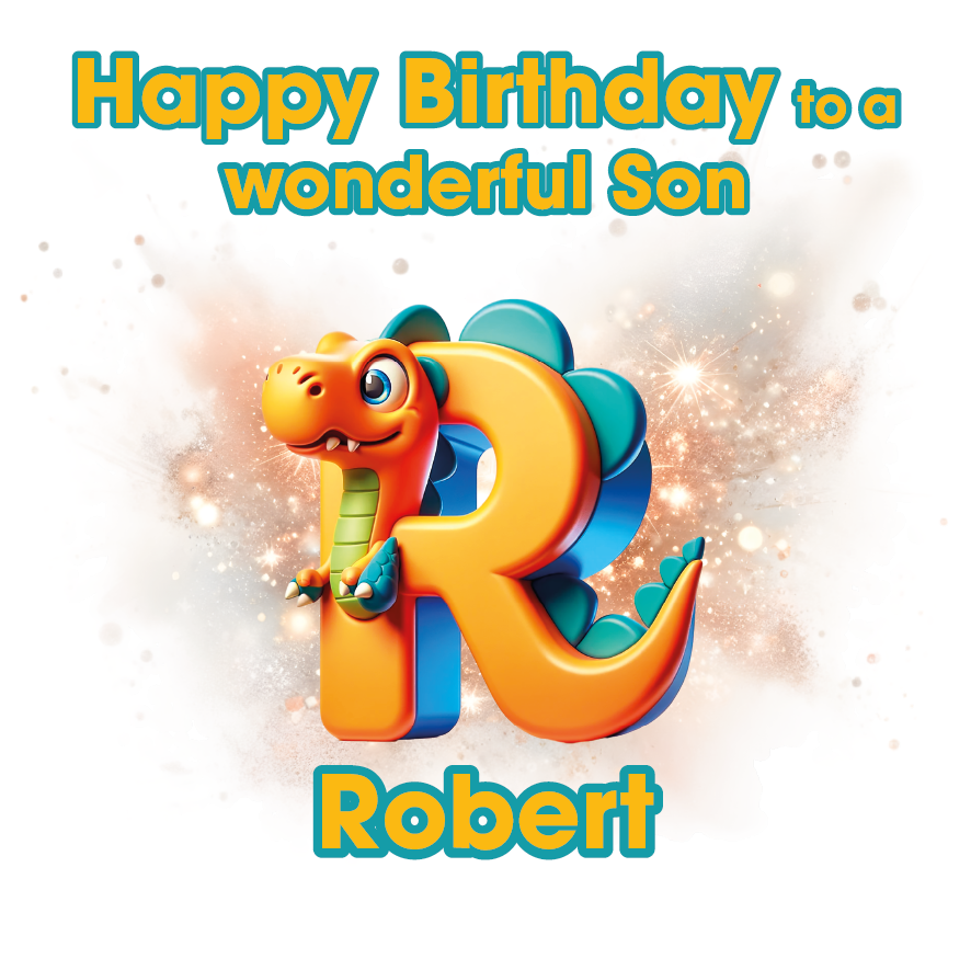 Birthday card with a dinosaur and letter 'R' for Robert on a light background. Can be personalised for name, age and relation