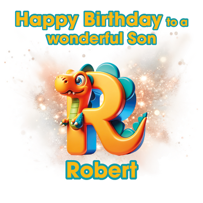 Birthday card with a dinosaur and letter 'R' for Robert on a light background. Can be personalised for name, age and relation