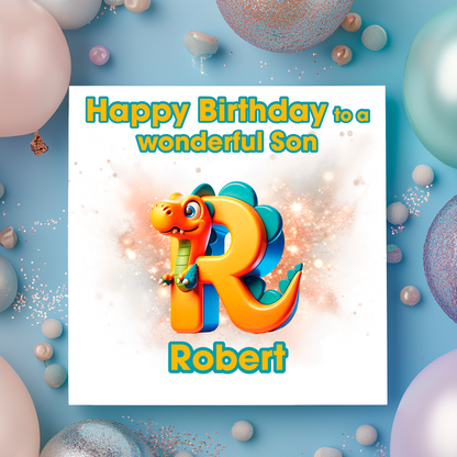 Birthday card with a dinosaur and letter R   on a  blue background with colorful balloons. Personalised with name, age and relation