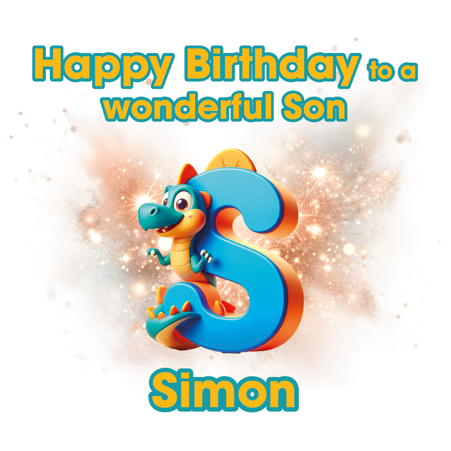 Happy Birthday card with a dinosaur and a letter S for Simon design and personalised name on a light background. Can be personalised for name, age and relation