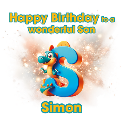 Happy Birthday card with a dinosaur and a letter S for Simon design and personalised name on a light background. Can be personalised for name, age and relation