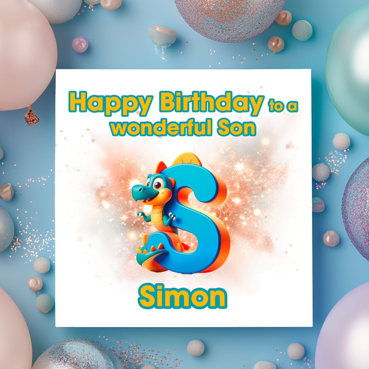 Birthday card with a dinosaur and letter S  on a  blue background with colorful balloons. Personalised with name, age and relation