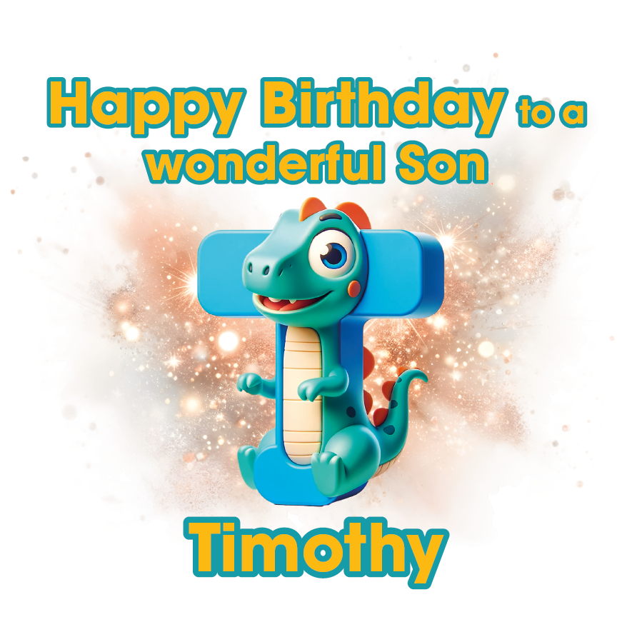 Birthday Card with a Dinosaur letter T for Timothy  and birthday wishes personalised  for name, age and relation