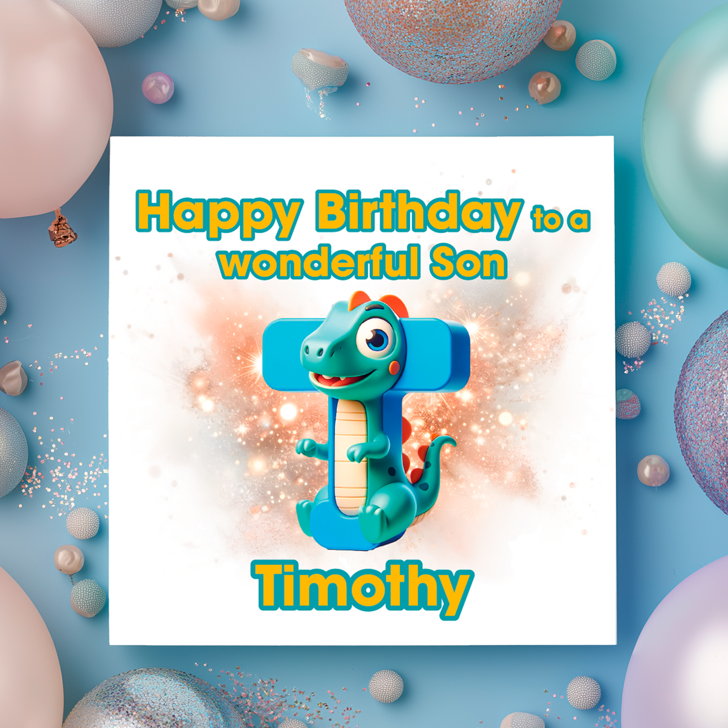Birthday card with a dinosaur and letter T  on a  blue background with colorful balloons. Personalised with name, age and relation