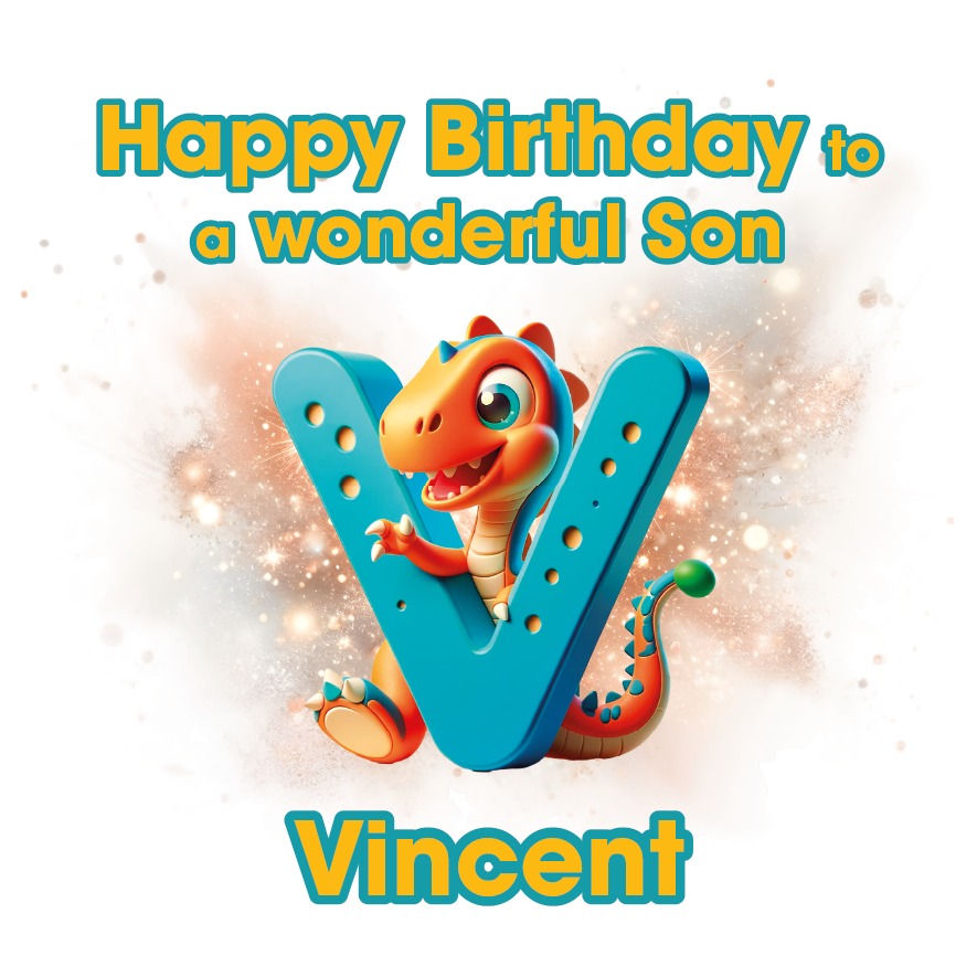 Birthday card with a dinosaur and letter 'V' for Vincent on a light background. Can be personalised for name, age and relation