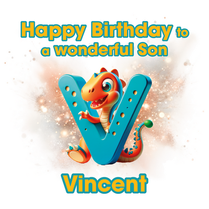 Birthday card with a dinosaur and letter 'V' for Vincent on a light background. Can be personalised for name, age and relation