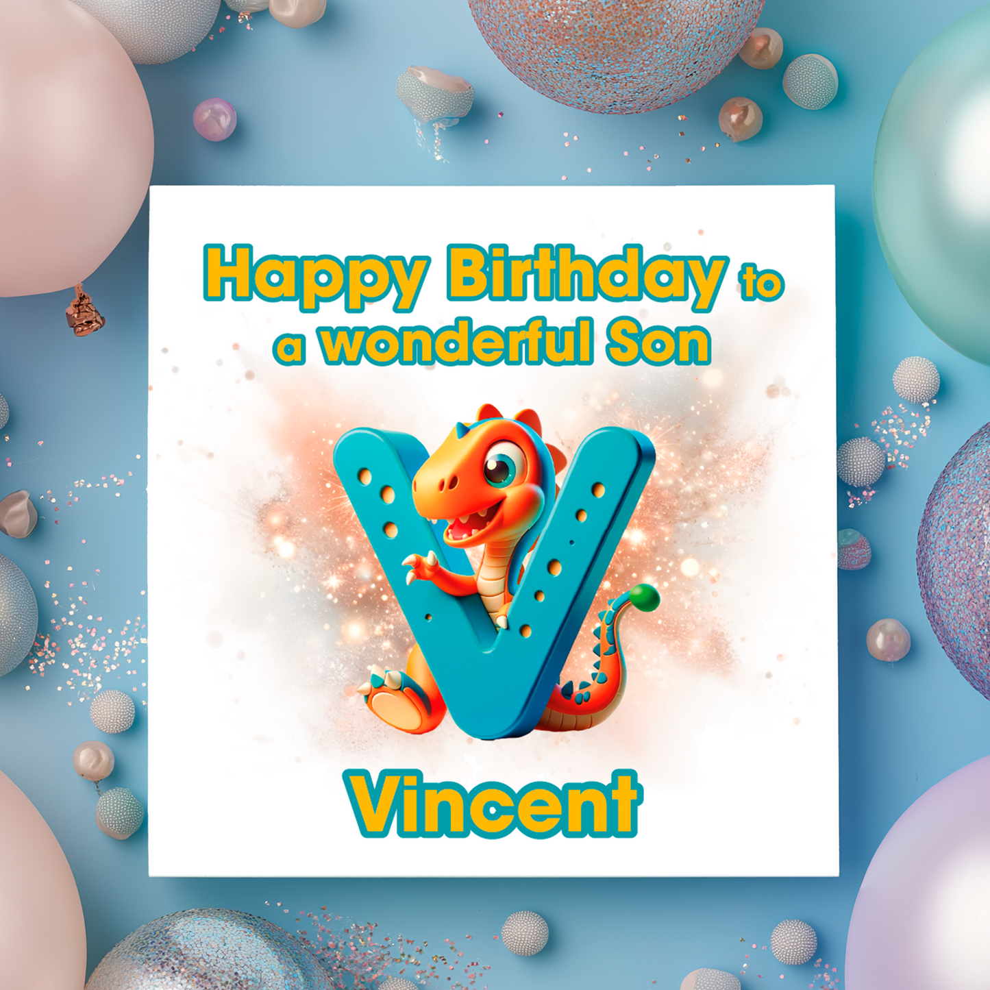Birthday card with dinosaur illustration and letter V and colorful balloons on a blue background Personalised with name, age and relation