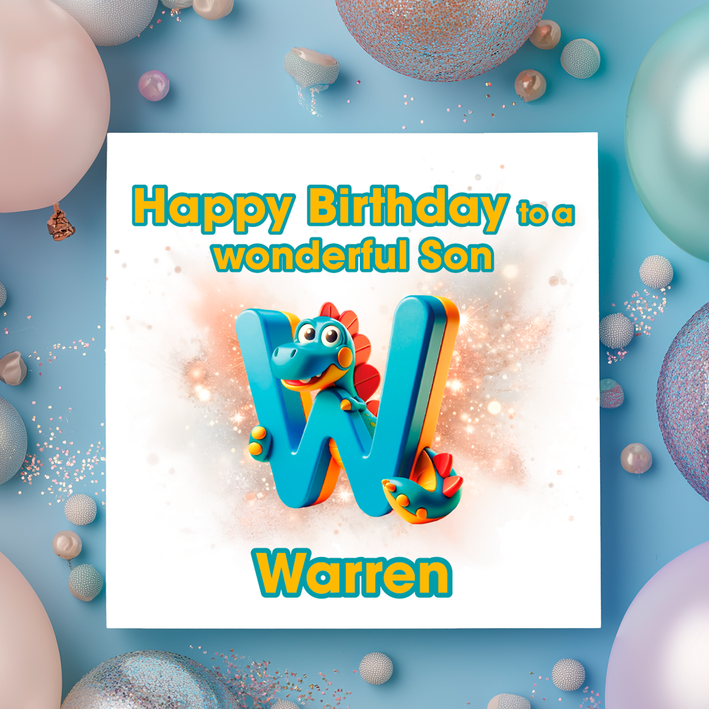 Birthday card with a dinosaur and letter W   on a  blue background with colorful balloons. Personalised with name, age and relation