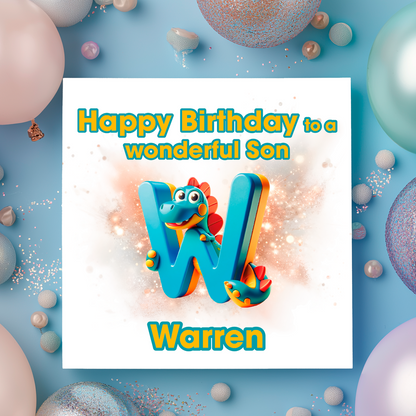 Birthday card with a dinosaur and letter W   on a  blue background with colorful balloons. Personalised with name, age and relation