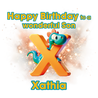 Birthday card with a dinosaur character on an orange letter 'X' for Xathia against a white background. Can be personalised for name, age and relation