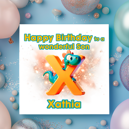 Birthday card with a dinosaur and letter X  on a  blue background with colorful balloons. Personalised with name, age and relation