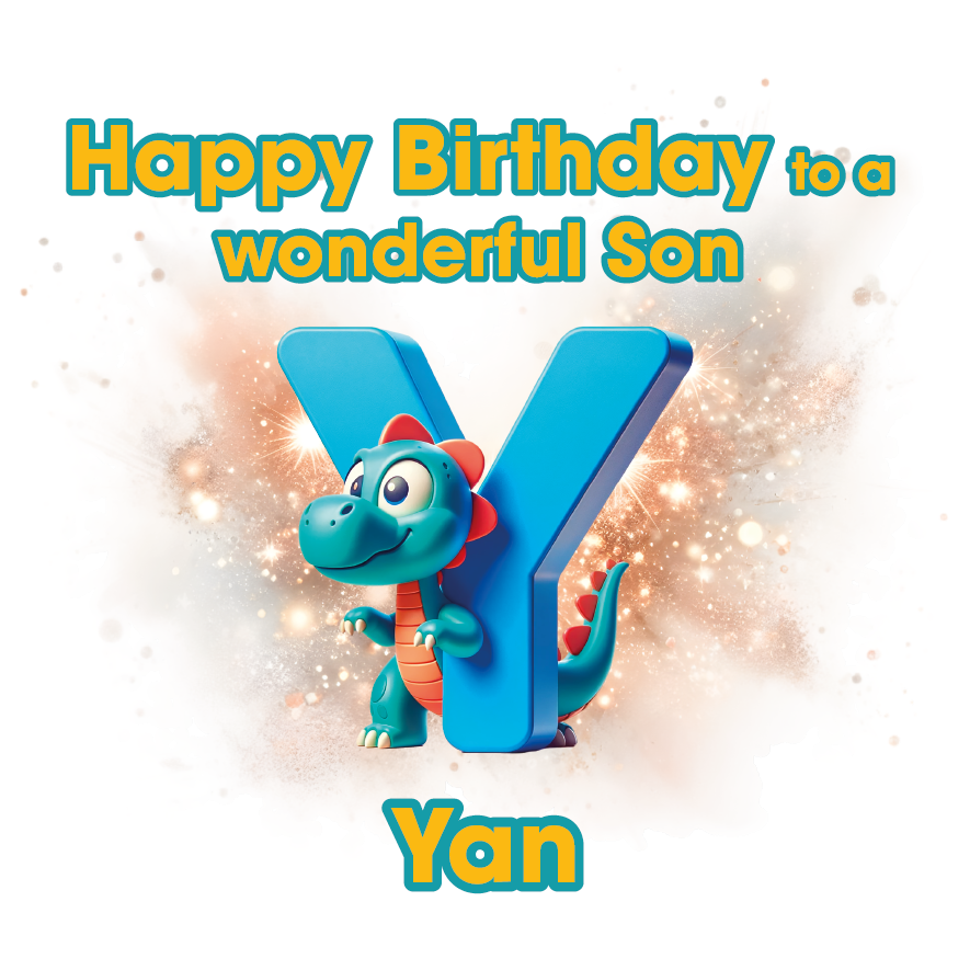 Birthday card with a dinosaur character and the letter 'Y' for 'Yan'. Can be personalised for name, age and relation