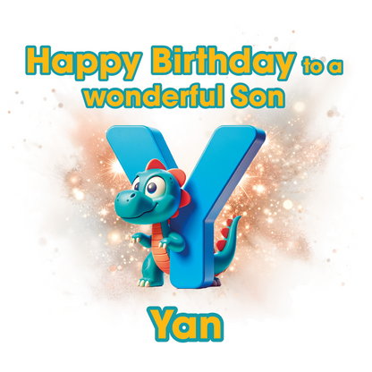 Birthday card with a dinosaur character and the letter 'Y' for 'Yan'. Can be personalised for name, age and relation