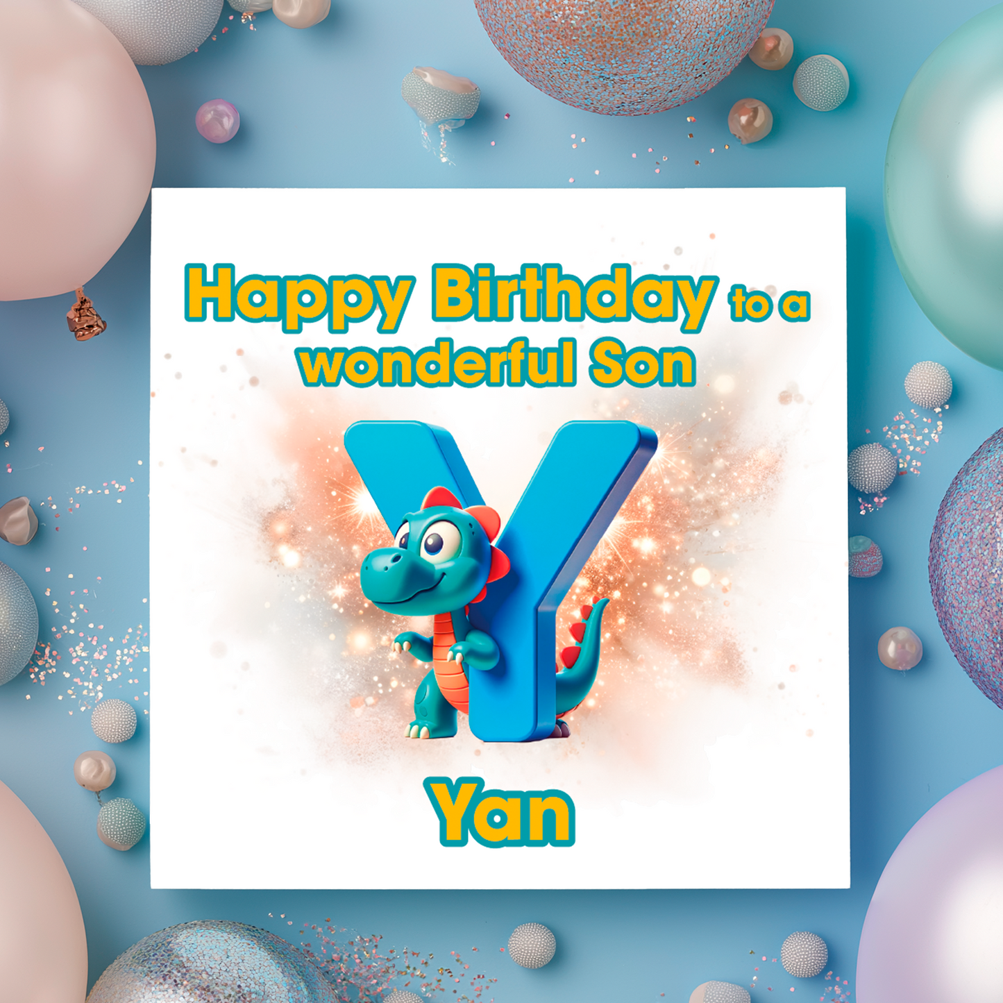 Birthday card with a dinosaur and letter Y  on a  blue background with colorful balloons. Personalised with name, age and relation
