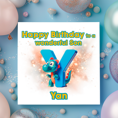 Birthday card with a dinosaur and letter Y  on a  blue background with colorful balloons. Personalised with name, age and relation