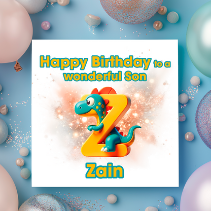 Birthday card with a dinosaur and letter 'Z' on a colorful background with balloons. Personalised with name, age and relation
