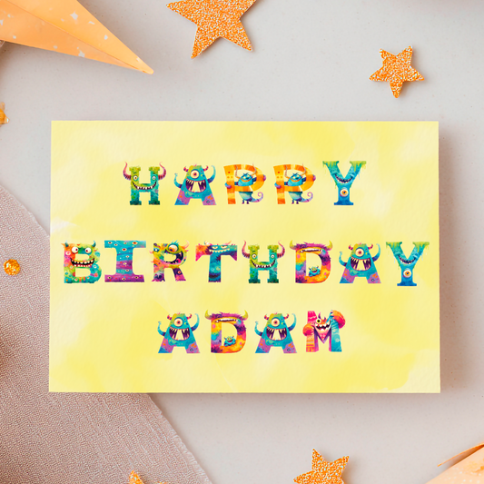 Birthday card with Monster letters which spells out 'Happy Birthday (Name). can be personalised for any name 
