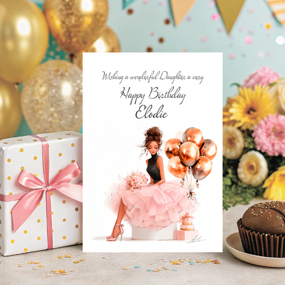 Birthday card with a girl in a pink dress and balloons, surrounded by a gift, flowers, and a cupcake. Personalised for name and relation