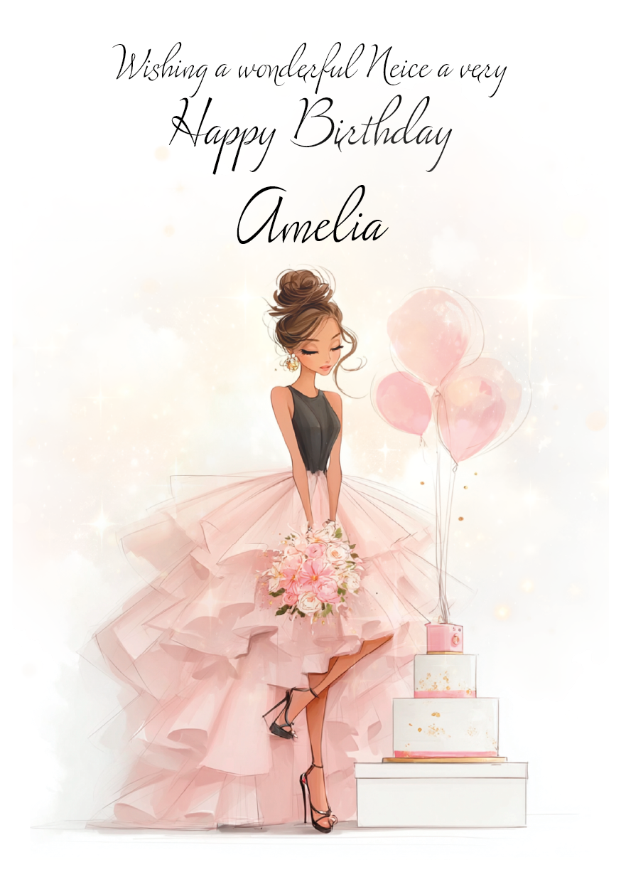 Birthday card with a woman in a pink dress and balloons, personalised with 'Wishing a wonderful Niece a very Happy Birthday Amelia'.. Personalised with name and relation.