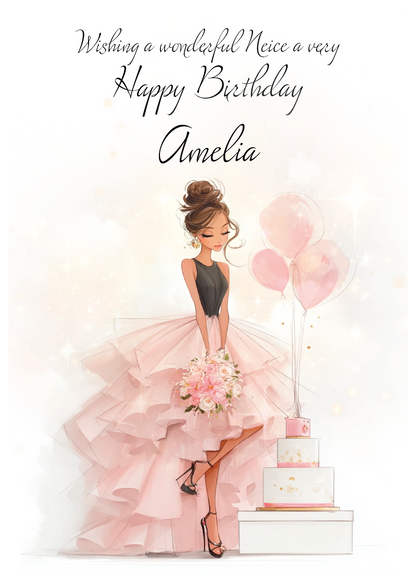 Birthday card with a woman in a pink dress and balloons, personalised with 'Wishing a wonderful Niece a very Happy Birthday Amelia'.. Personalised with name and relation.