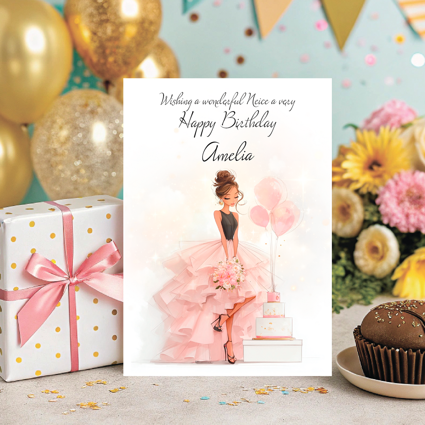 Birthday card with a woman in a pink dress, gift, and flowers on a celebratory background. Personalised with name and relation.