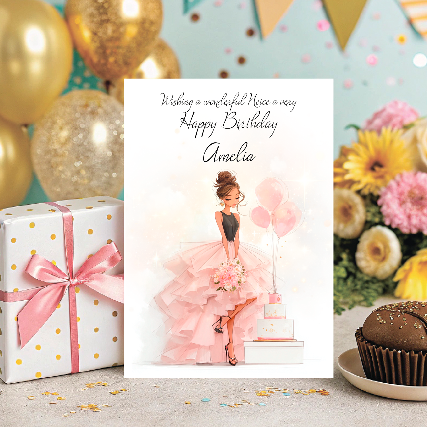 Birthday card with a woman in a pink dress, gift, and flowers on a celebratory background. Personalised with name and relation.